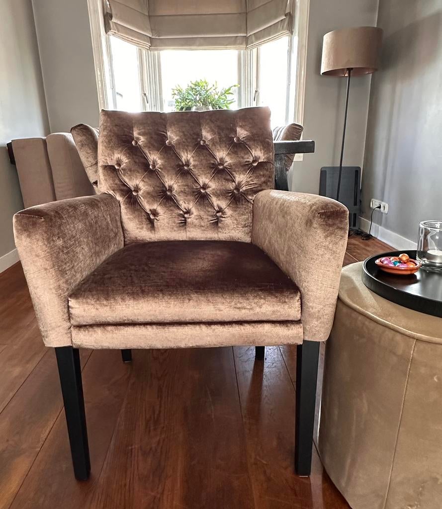 Vier velours eetkamerfauteuils voor €250,- samen!!!, Huis en Inrichting, Stoelen, Ophalen, Bruin, Zo goed als nieuw, Vier