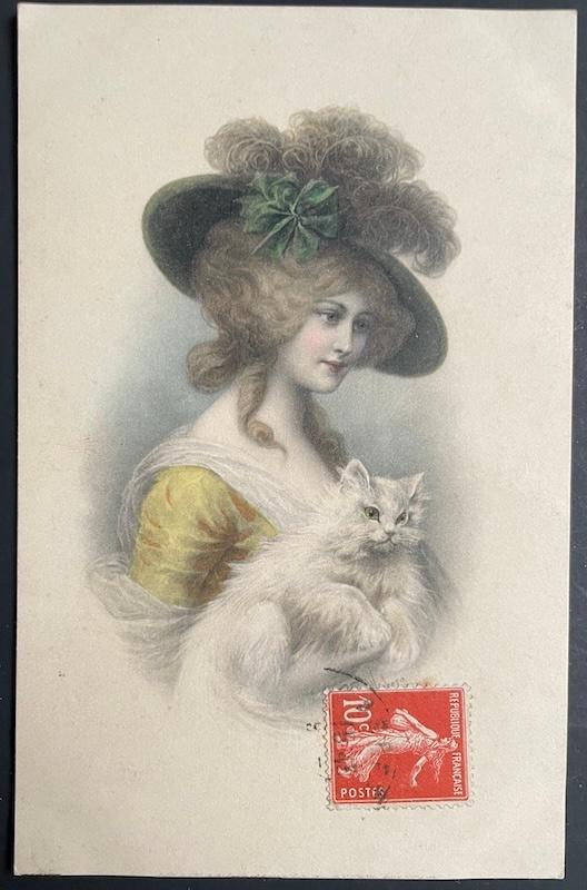 dame lang haar angora poes hoed struisvogelveren Vienne 1912, Ophalen of Verzenden, Voor 1920, Gelopen, Overige thema's