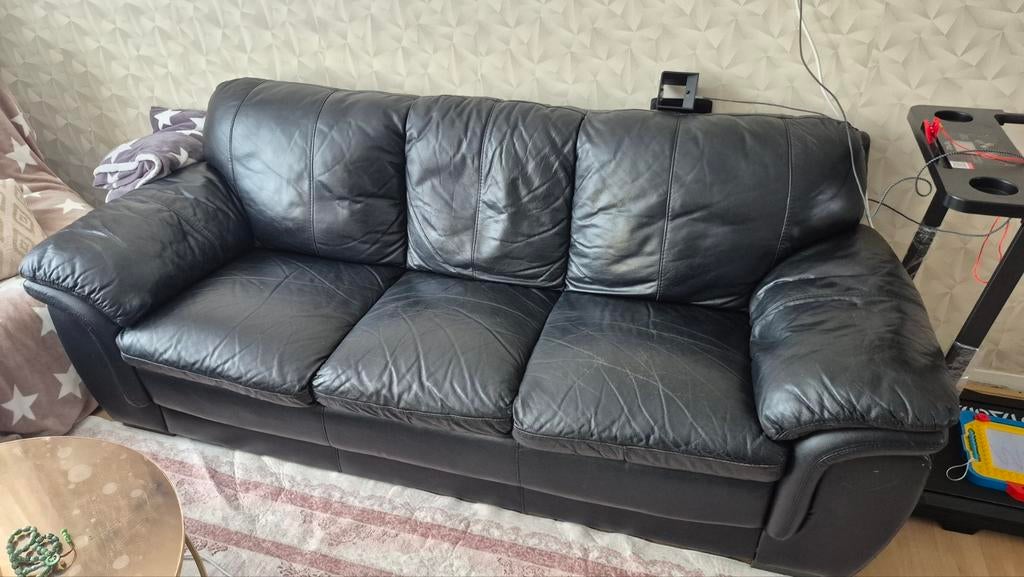 Bankstel zwart, Ophalen of Verzenden, Zo goed als nieuw, 150 cm of meer, Leer