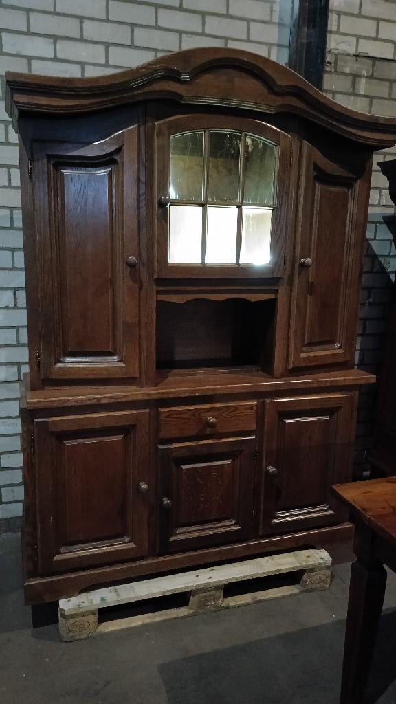 Robuuste eiken buffetkast 2-delig 150 cm breed, Ophalen, Gebruikt, Klassiek, Glas