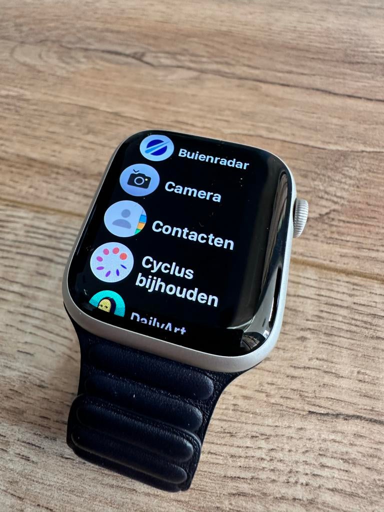 Apple Watch Series 8 Zilver 45mm + Leather Link, Hartslag, IOS, Ophalen of Verzenden, Zo goed als nieuw