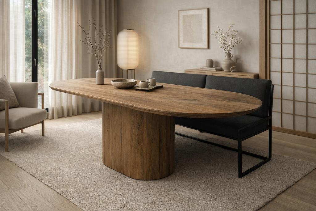 Deens ovale tafel met kolompoot 240cm nu 399,-, Huis en Inrichting, Tafels | Eettafels, Ophalen, Japandi, Industrieweg 25, 100 tot 150 cm