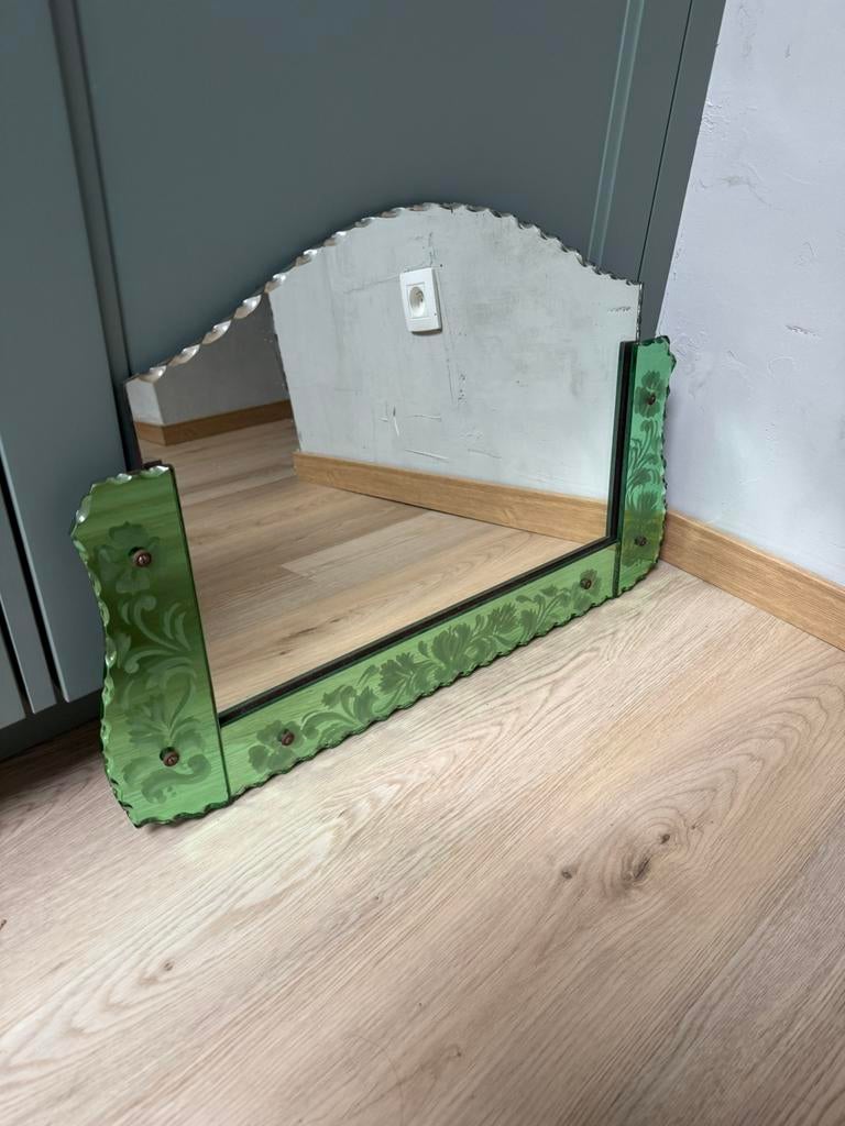 Antieke Venetiaanse wandspiegel met groene lijst, art deco, Ophalen of Verzenden, Rechthoekig, Minder dan 100 cm