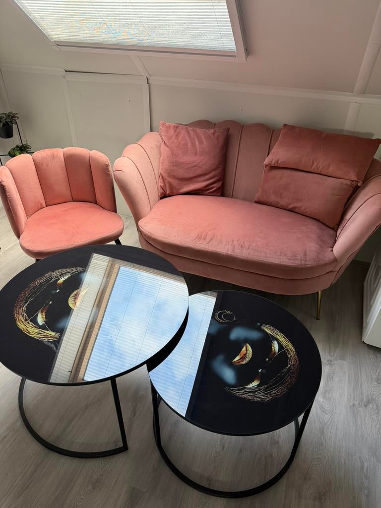 Stijlvolle roze velvet zithoek + design salontafels!, Ophalen, Zo goed als nieuw, Stof
