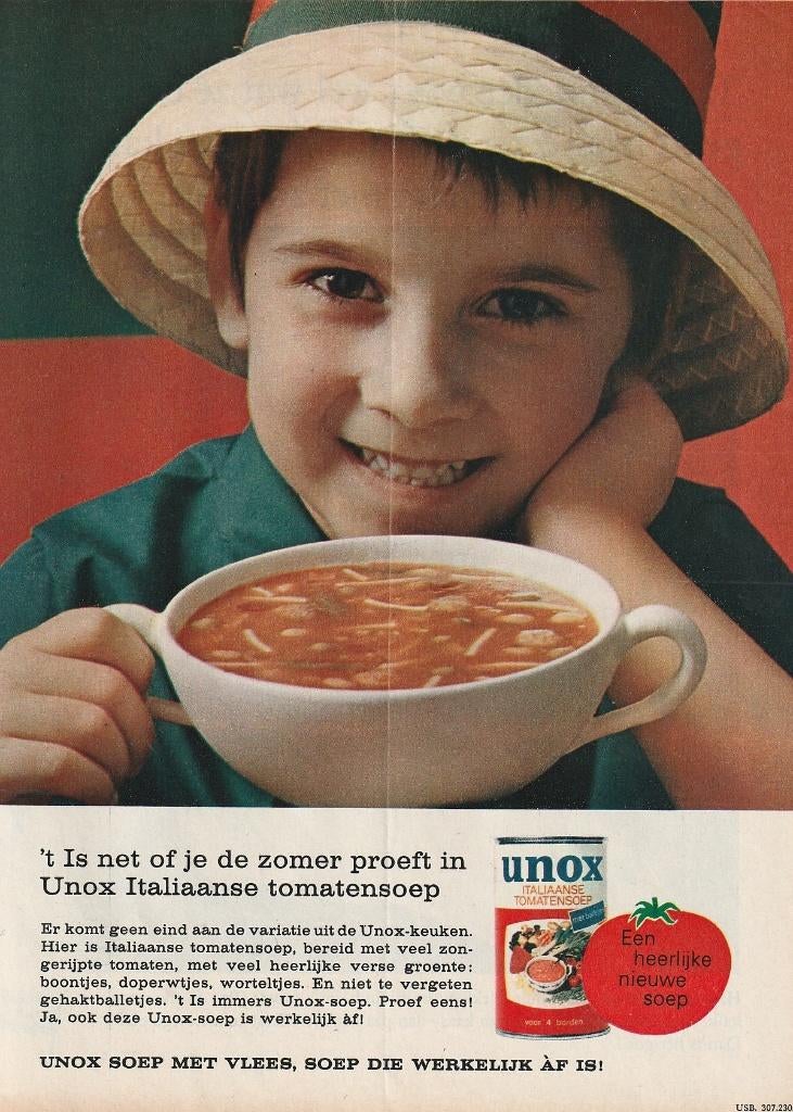 Retro reclame 1966 Unox soep jongetje zomerstemming, Verzenden, Overige typen