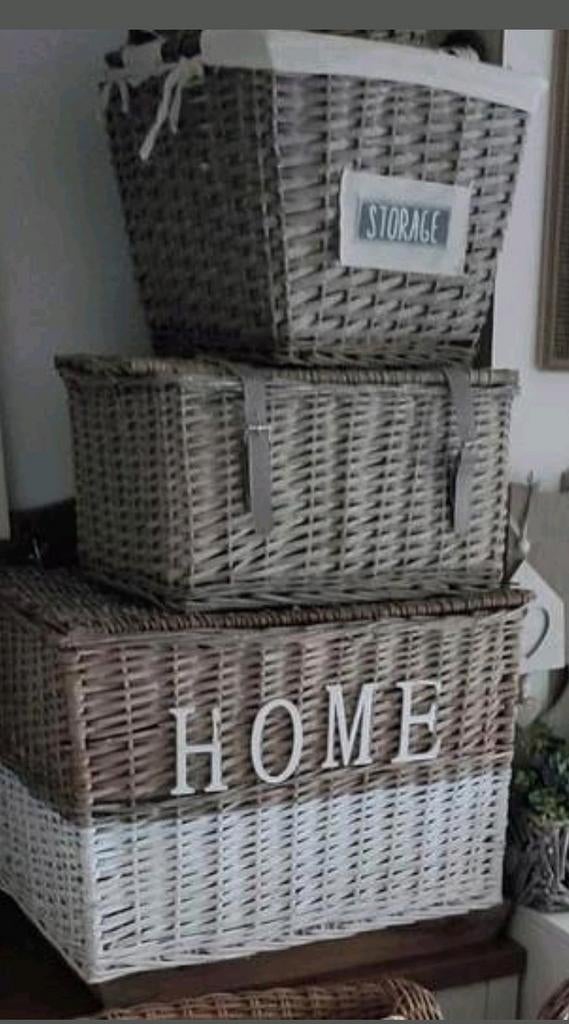 Diverse brocante vintage greywash rieten woonaccessoires, Ophalen, Zo goed als nieuw, Rond, Riet