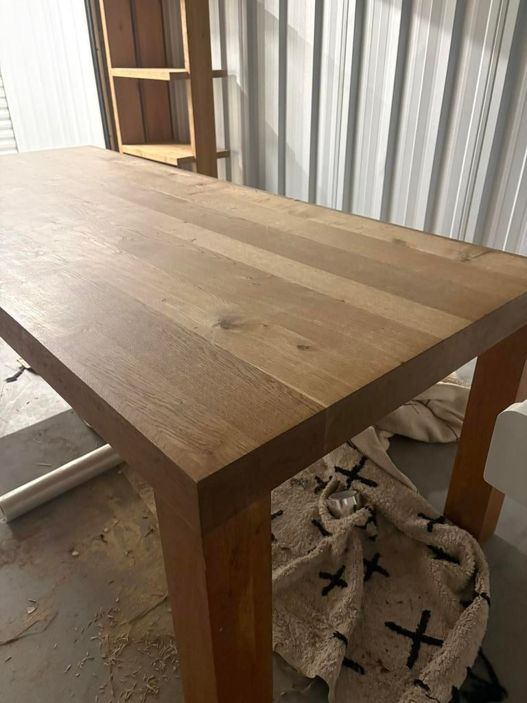 Eettafel of tuintafel van massief eiken, Ophalen, Gebruikt, 200 cm of meer, 50 tot 100 cm