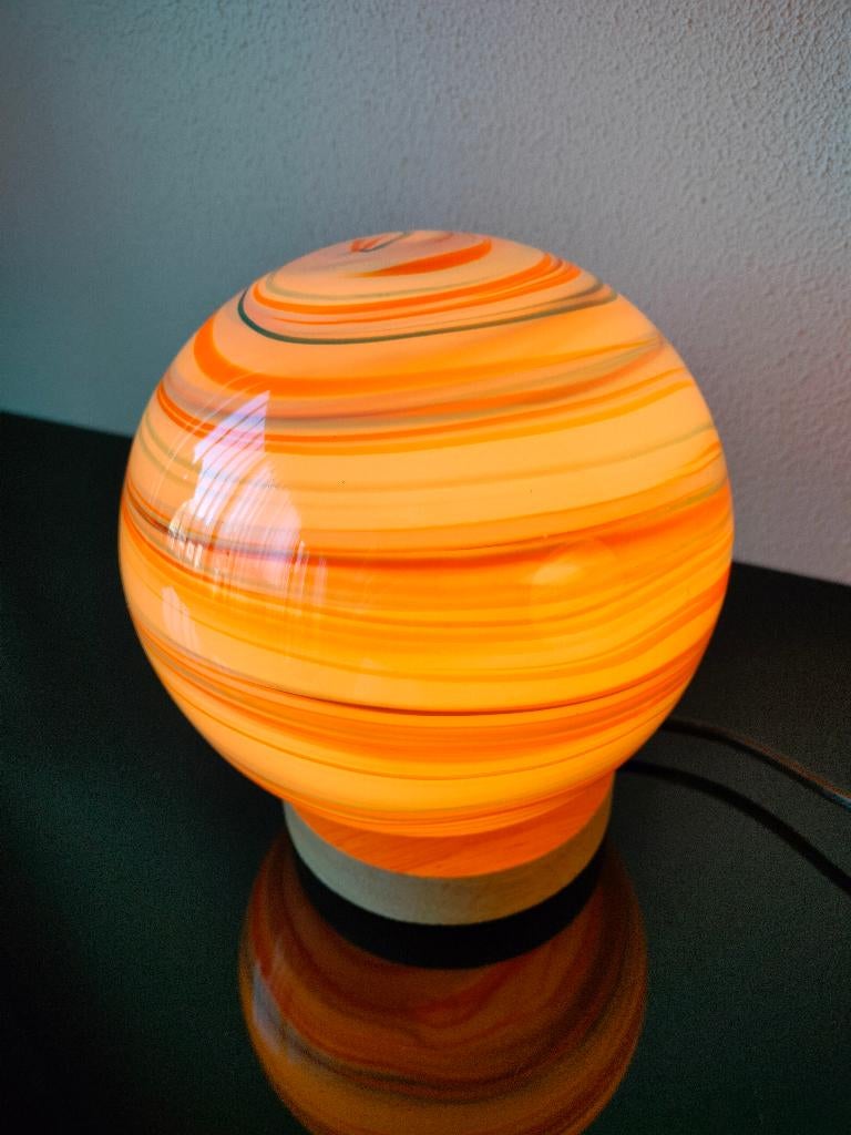 Italie Murano Lamp Bol Oranje Turquoise Wit Filigrana 1980, Ophalen of Verzenden, Zo goed als nieuw, Glas, Minder dan 50 cm