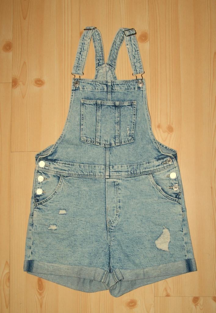 H&m korte salopette maat 152 met slijtplekken, knoopsluiting, Broek, Gebruikt, Meisje, H&M
