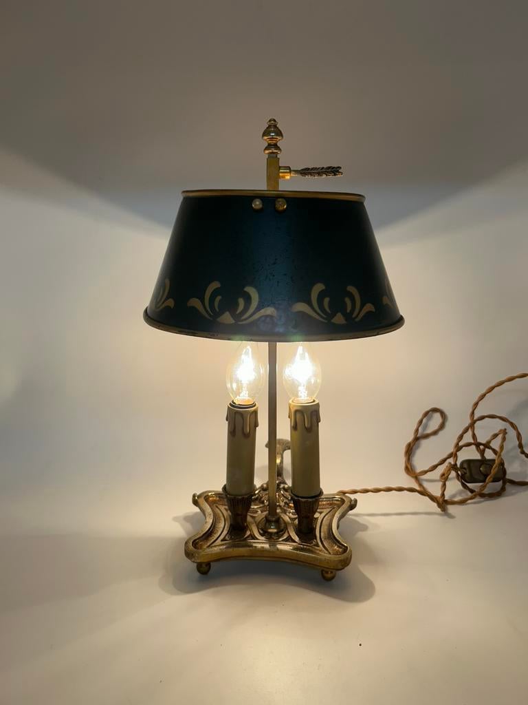 Antieke Franse Bouillotte Lamp – Groene Tôle Kap – 38 cm, Ophalen of Verzenden