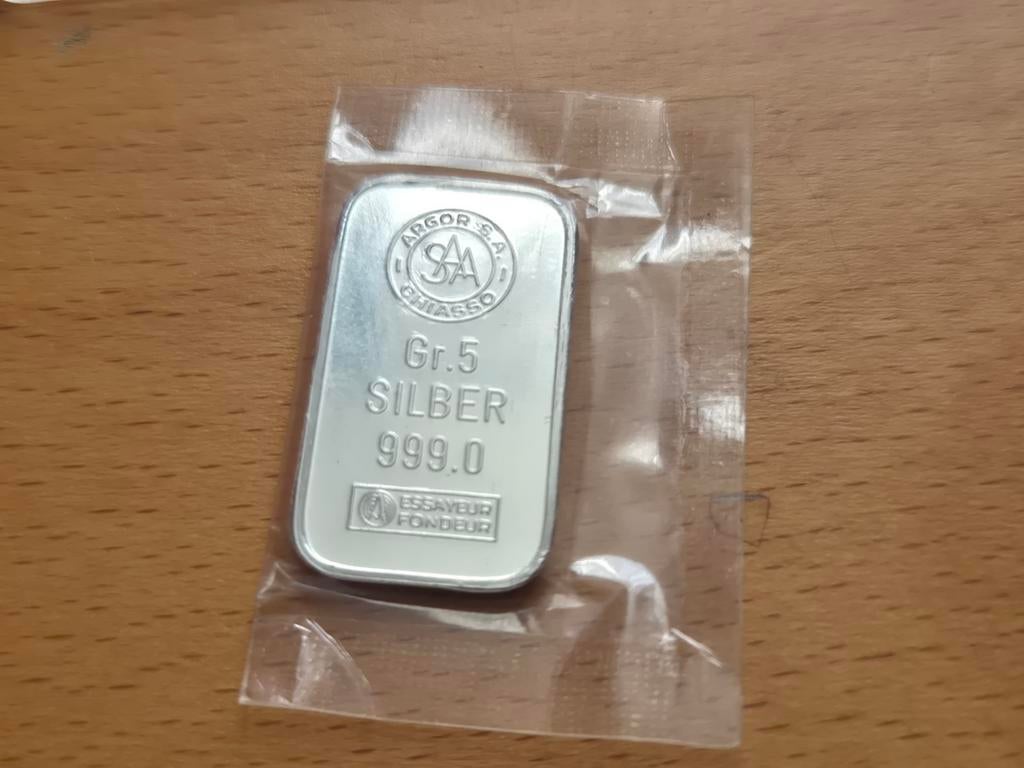 Argor Chiasso: 5 gram zilverbaar in seal. Vintage silver bar, Ophalen of Verzenden, Zilver
