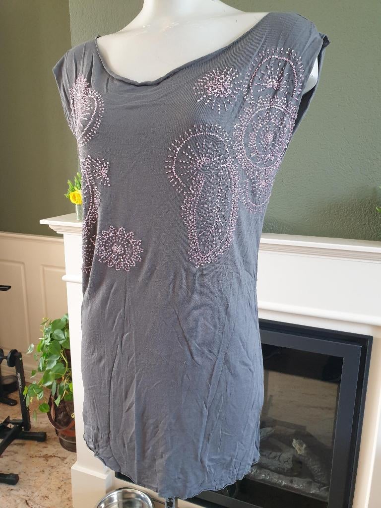 Antik Batik mooie grijs roze kralen top shirt M 40, Kleding | Dames, Maat 38/40 (M), Verzenden, Zo goed als nieuw, Zonder mouw