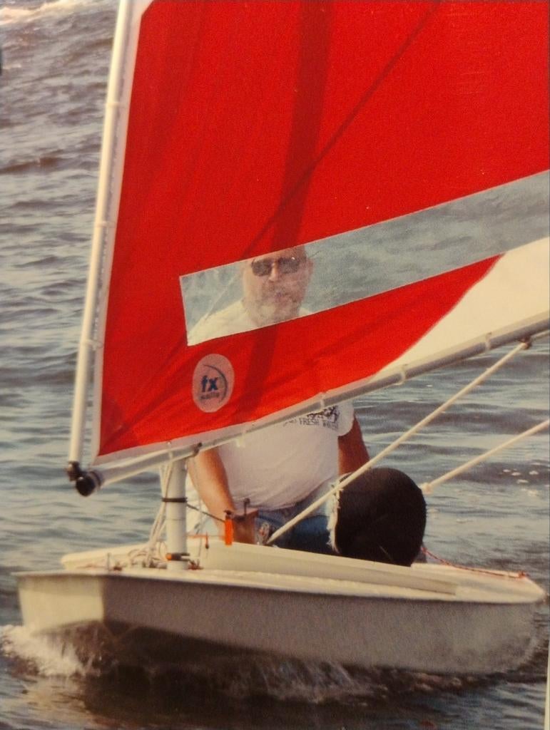 sunfish zeilboot  met strand trailer.  Rood/wit/blauw zeil, Ophalen, Geen motor, Gebruikt, Overige typen