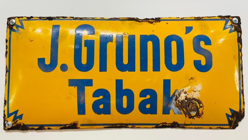J. Gruno’s Tabak bol emaille reclamebord, Ophalen of Verzenden, Gebruikt, Reclamebord