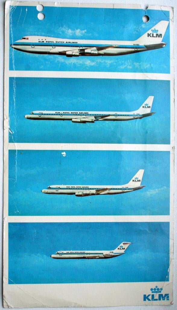 KLM kaart met 4 vliegtuig types (gelopen), Ophalen of Verzenden, Gebruikt, Kaart, Foto of Prent