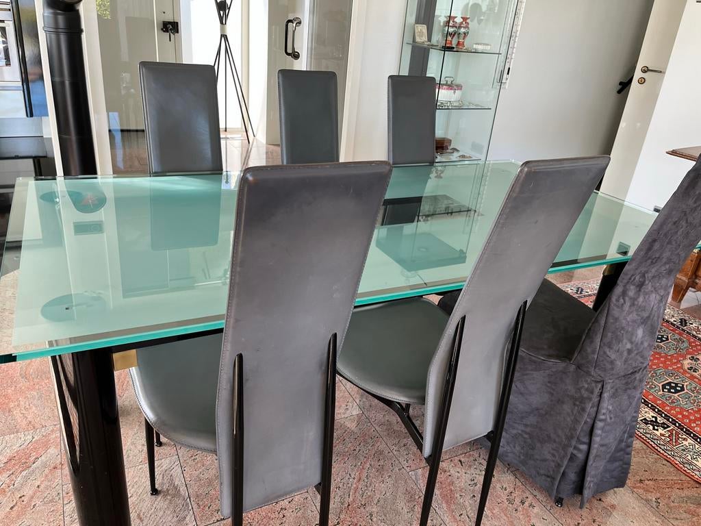 Eethoek met glazen tafel en 6 leren design stoelen, Ophalen of Verzenden, Gebruikt, 6 tot 8 stoelen