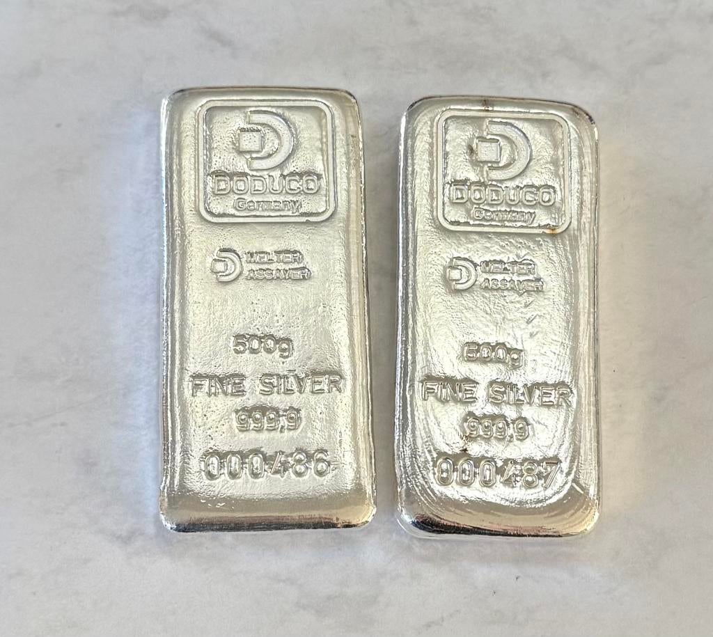 2x 500 gram zilver Doduco / Germany Oplopend laag nummer, Postzegels en Munten, Edelmetalen en Baren, Ophalen of Verzenden, Zilver