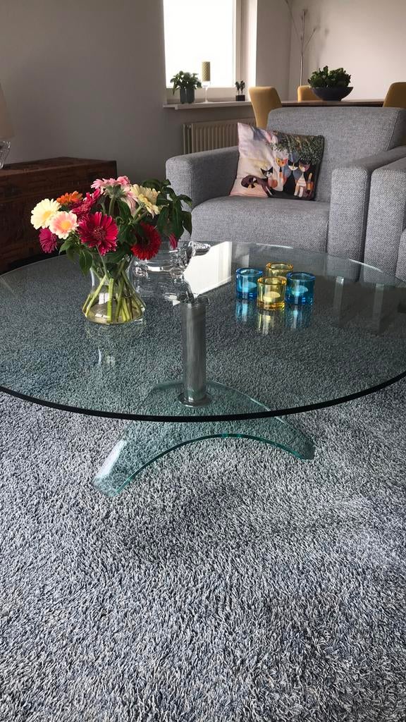 Te koop: glazen salontafel met chroom poot, Ophalen, Rond, Minder dan 50 cm, Glas