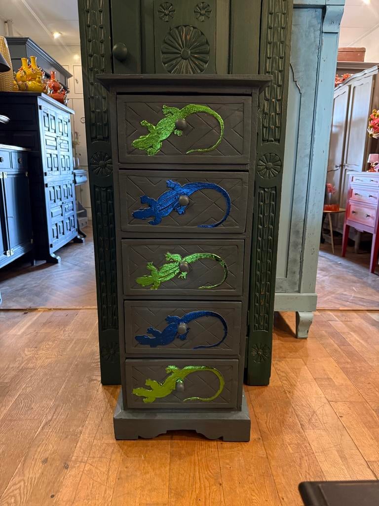 Uniek ladekastje salamander, 5-laads kastje blauw groen VdlM, Ophalen, Minder dan 50 cm, 5 laden of meer, 100 tot 150 cm