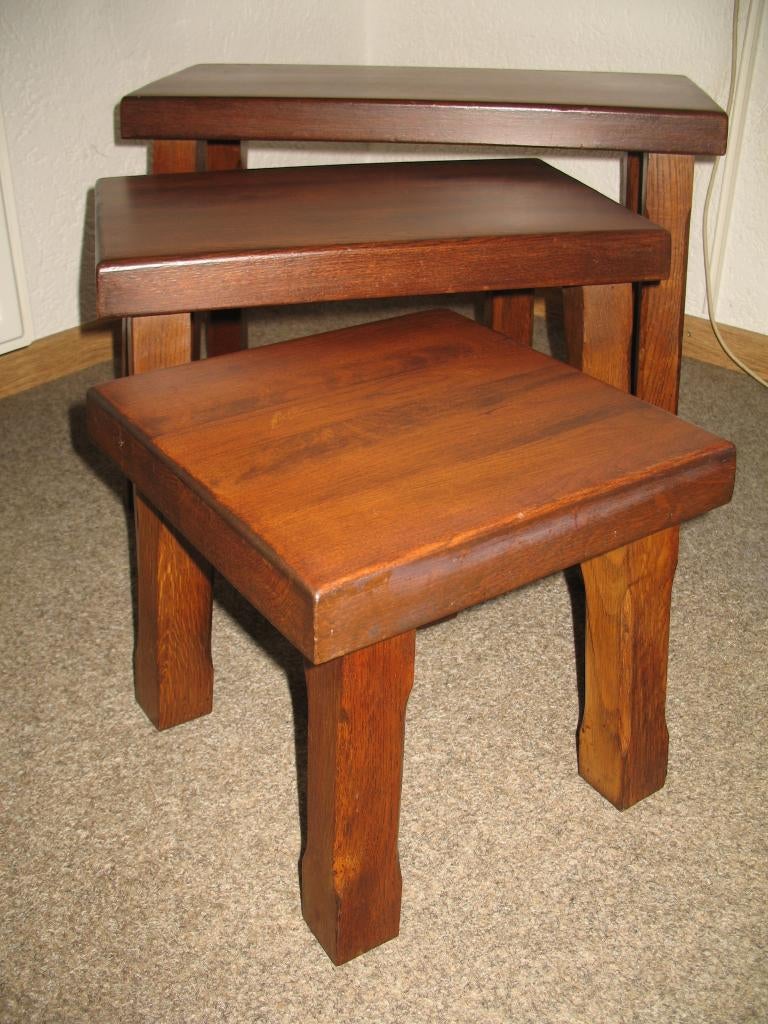 3 Delig Houten Mimi Set Nesting Table Brutalisme Vintage, Zo goed als nieuw, Rechthoekig, Hout, Ophalen