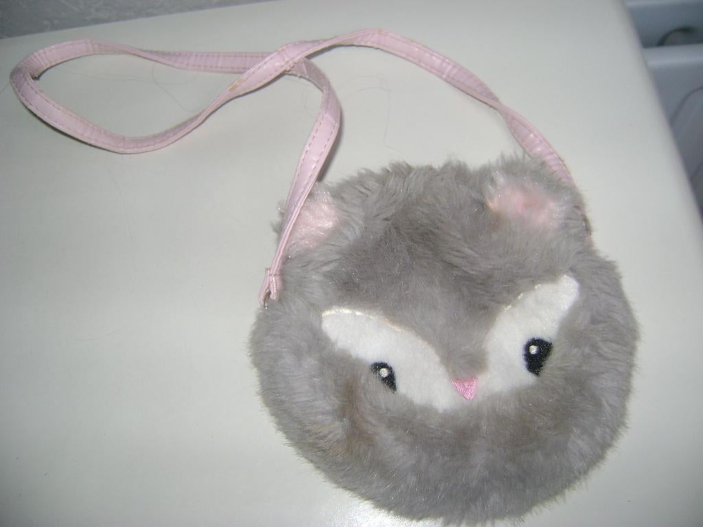 grijs pluche kinder dieren tasje met roze riem en rits 13x13, Ophalen of Verzenden, Zo goed als nieuw