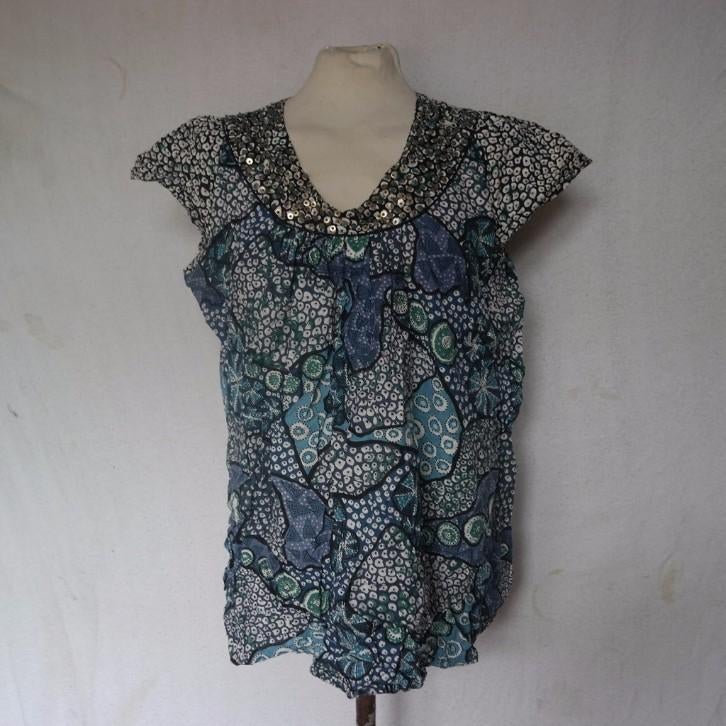 Blauw katoenen damesshirt.Pailletjes.Mt L.Rossella Carrera, Blauw, ., Maat 42/44 (L), Ophalen of Verzenden