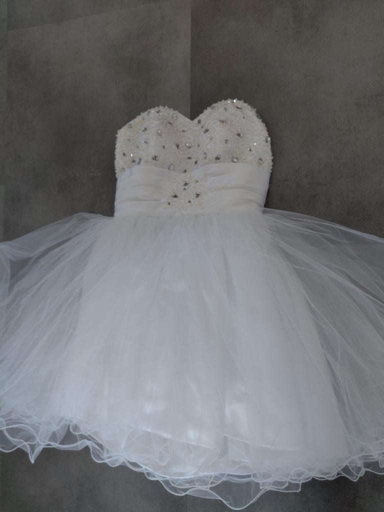 Witte strapless puffy jurk met beads, maat XS, Kleding | Dames, Jurken, Wit, Ophalen of Verzenden, Maat 34 (XS) of kleiner, Gedragen