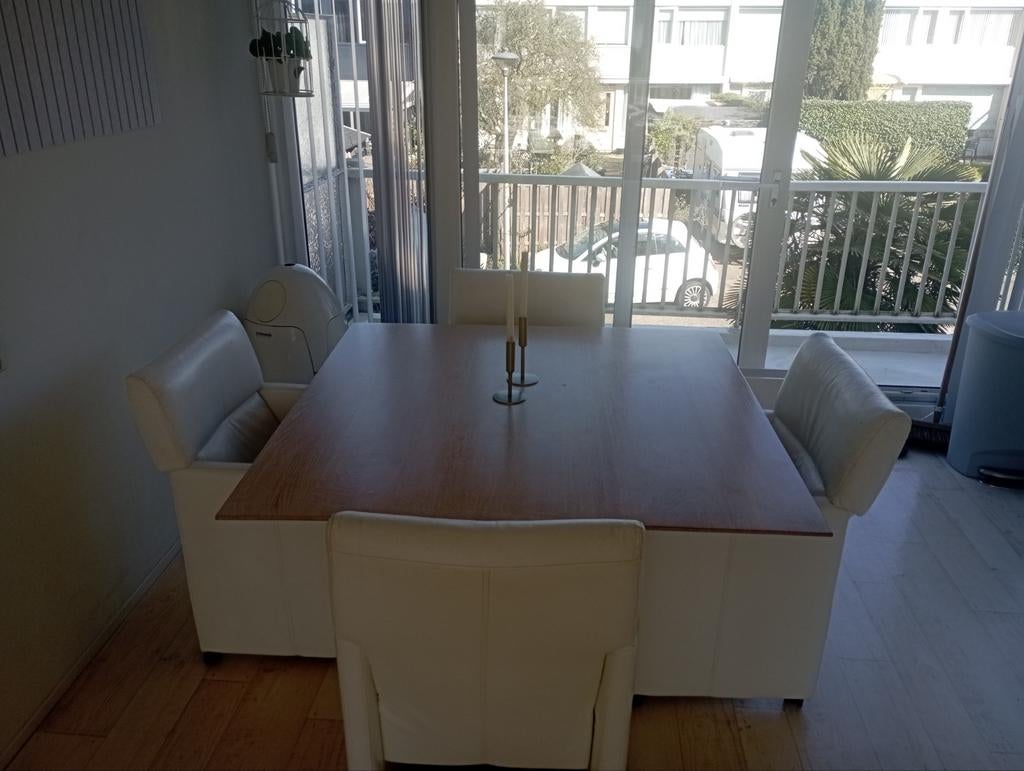 Zware eiken design eettafel + 4 leren stoelen, 100 tot 150 cm, Eikenhout, Ophalen of Verzenden, Zo goed als nieuw