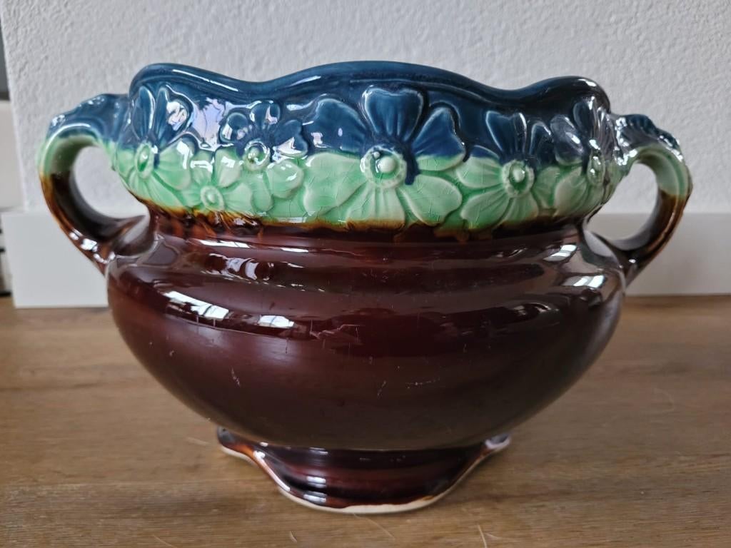 Art Nouveau keramiek cachepot /bloempot Majolica, Antiek en Kunst, Antiek | Keramiek en Aardewerk, Ophalen of Verzenden