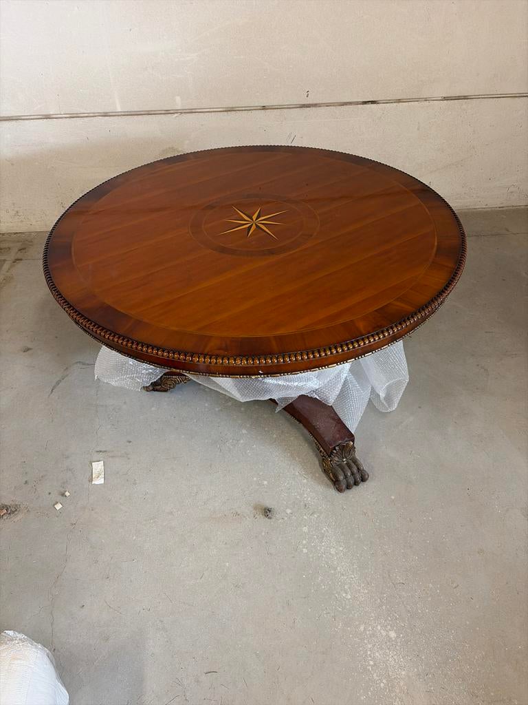 Ronde mahonie eettafel 155cm met 5 stoelen, Gebruikt, 150 tot 200 cm, Rond, Ophalen of Verzenden