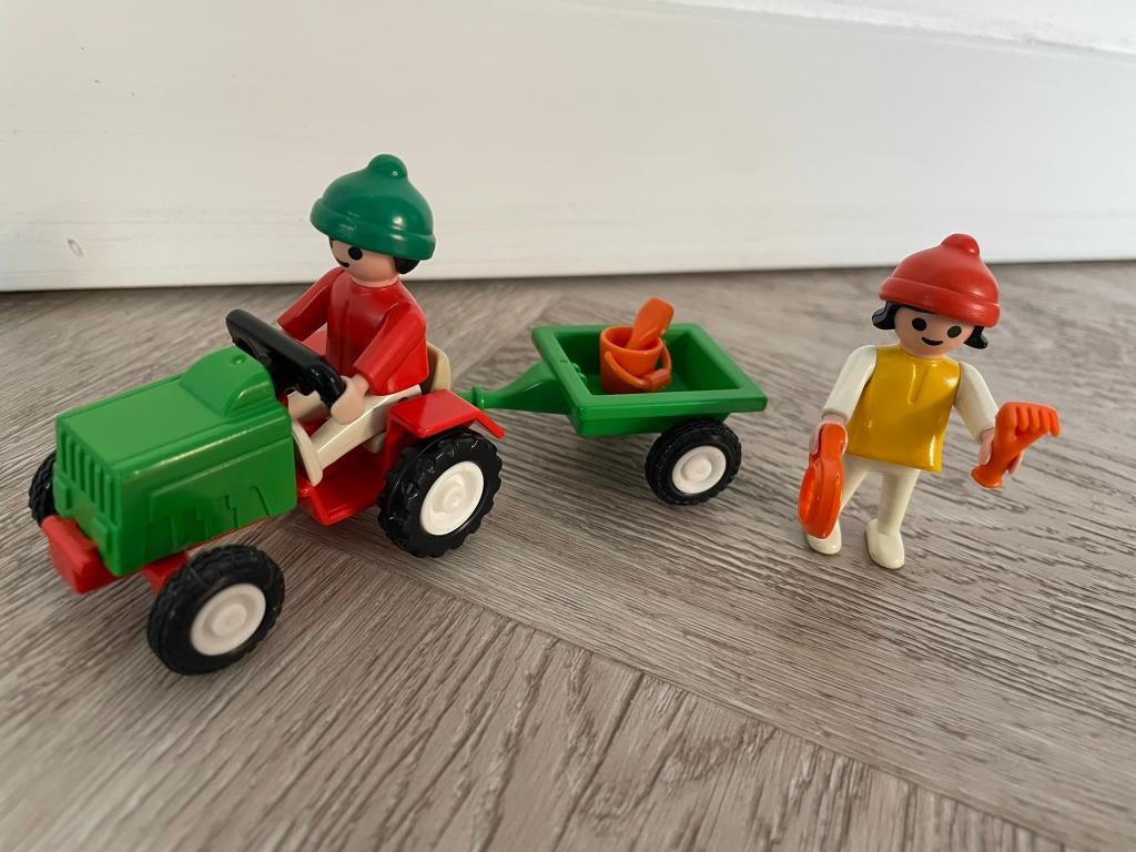 Playmobil vintage, kinderen met tractor, skelter, driewieler, Ophalen of Verzenden, Gebruikt, Complete set
