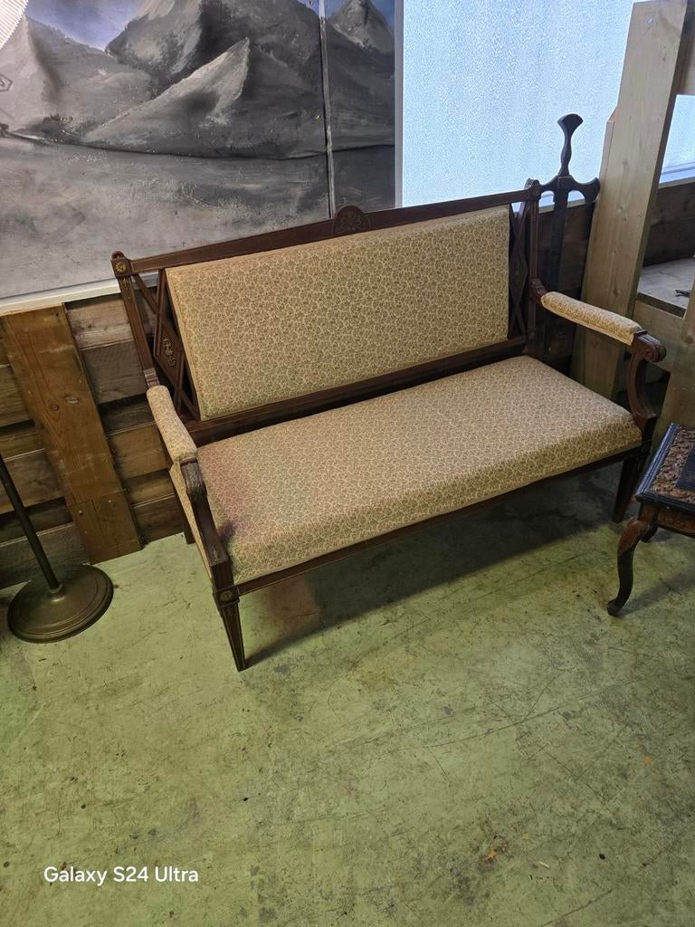 Antieke Bankje met koperen beslag zeer netjes 140cm Breed, Diversen, Rommelmarktspullen, Ophalen