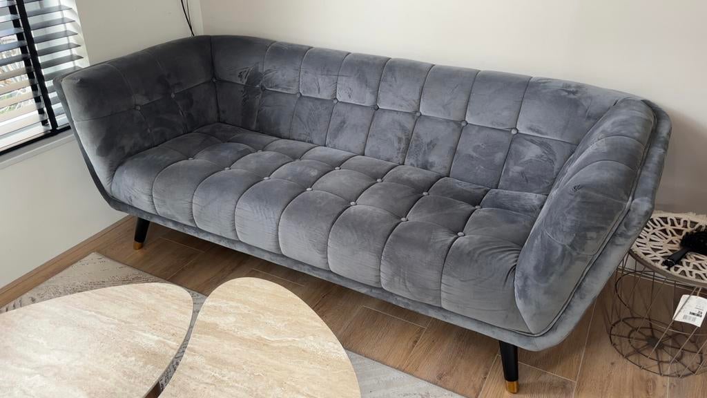 Bank en fauteuil - fluweel grijs, Ophalen, Zo goed als nieuw, 75 tot 100 cm