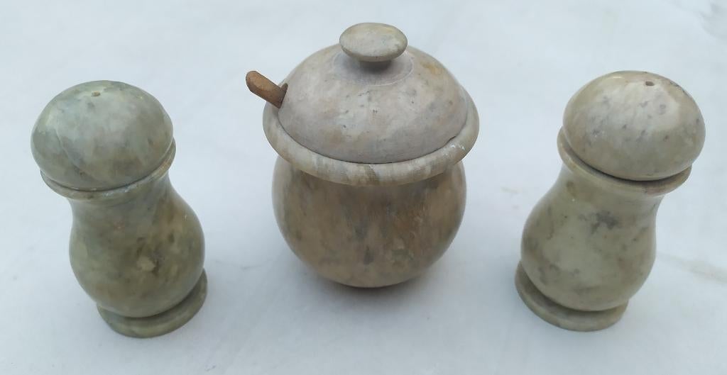 Oud marmeren peper, zout en mosterdstelletje, Ophalen of Verzenden