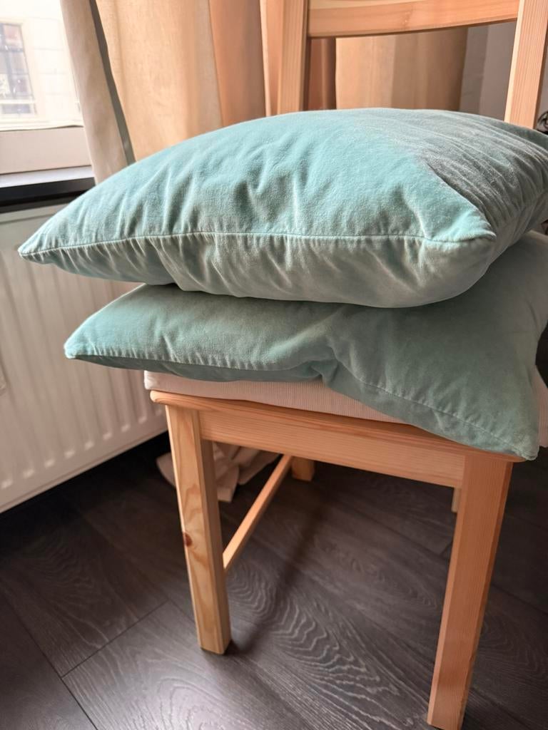 2 blauwe velvet kussenhoezen met kussens, Huis en Inrichting, Woonaccessoires | Kussens, Ophalen of Verzenden, Zo goed als nieuw