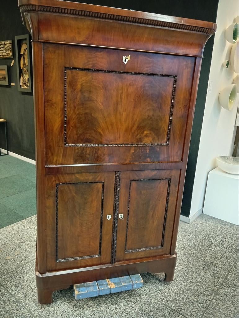 Biedermeier Secretaire Mahonie met Zwart Leer, Ophalen of Verzenden