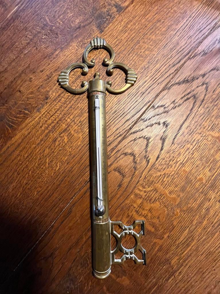 Antieke zeldzame Kwikthermometer Sleutelvorm Hout Inleg, Ophalen of Verzenden, Koper