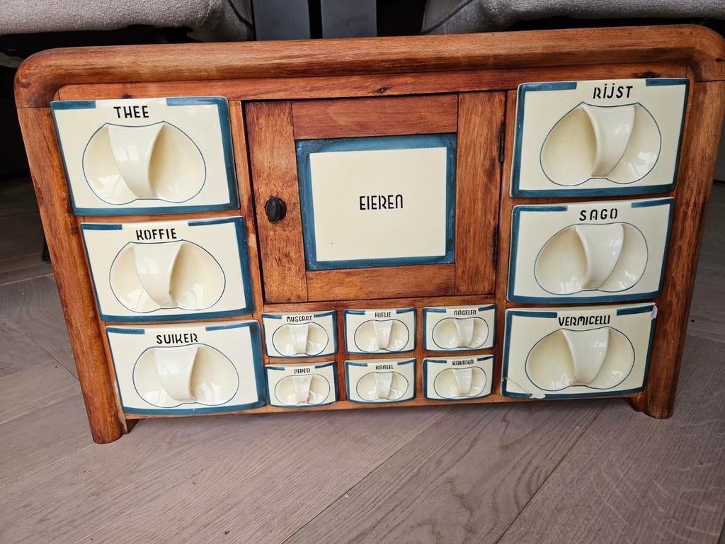 Antiek / vintage kruidenkast met keramische laatjes, Ophalen of Verzenden