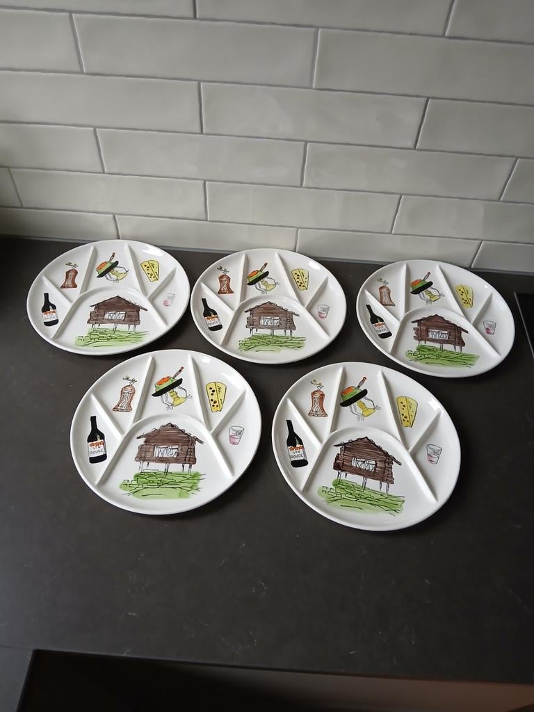 Fondueborden, vintage Zwitsers Franse afbeeldingen (5), Ophalen of Verzenden