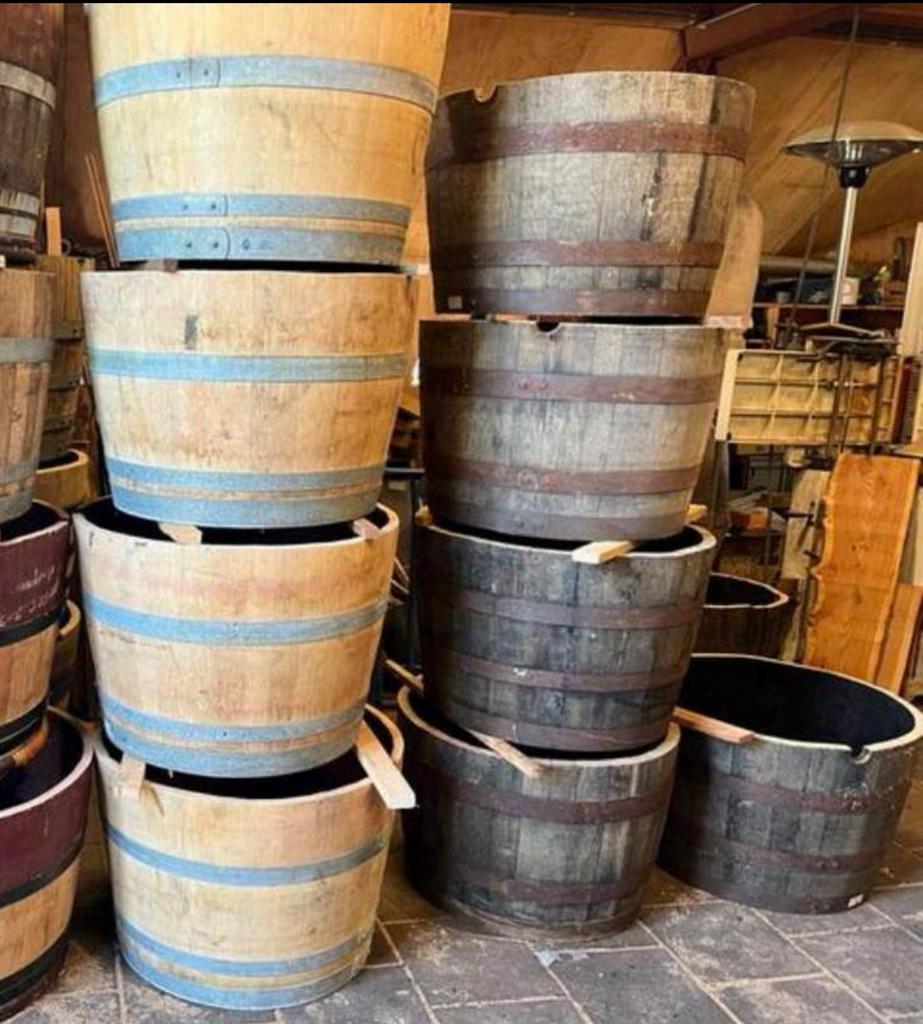 Bloembak half wijnvat whiskyvat palmboombak vijgenboom hout, Tuin en Terras, Bloembakken en Plantenbakken, Gerard Krale, Rond