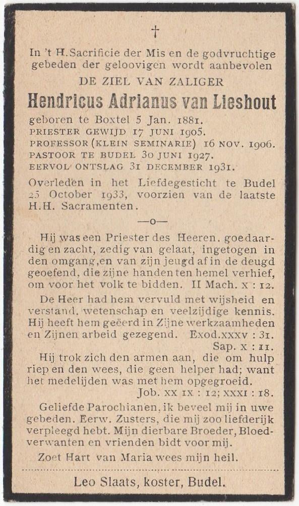 pastoor Hendricus A. van Lieshout 1881 Boxtel + 1933 Budel, Verzenden