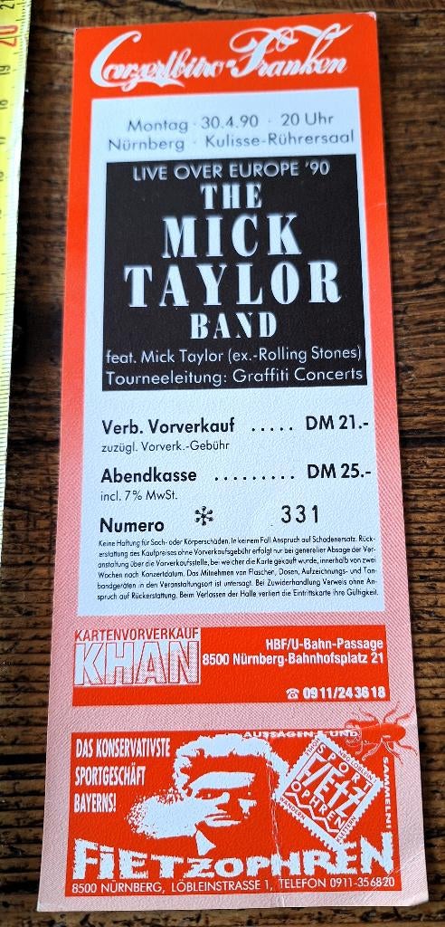 ticket = MICK TAYLOR (Rolling Stones) = 1990, Ophalen of Verzenden, Zo goed als nieuw, Foto of Kaart