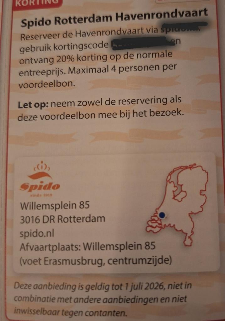 Spido havenrondvaart 20% korting, Tickets en Kaartjes, Drie personen of meer, Kortingsbon