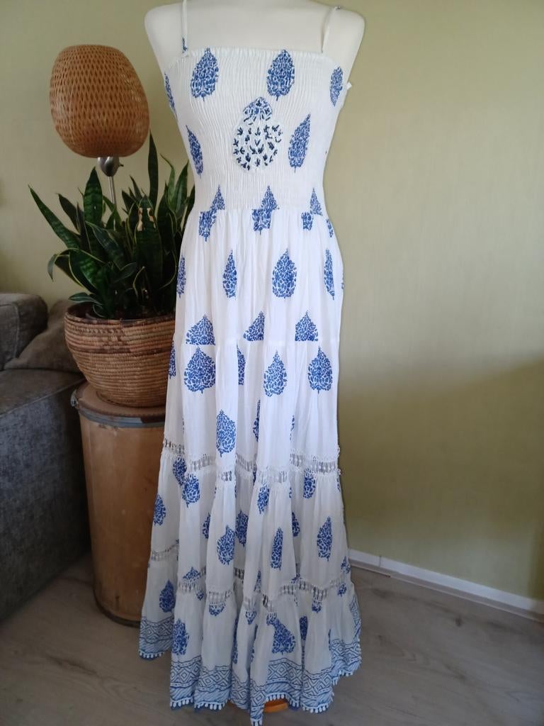 Iconique ibiza boho jurk L blauw wit, Ophalen of Verzenden, Nieuw, Blauw, Onder de knie