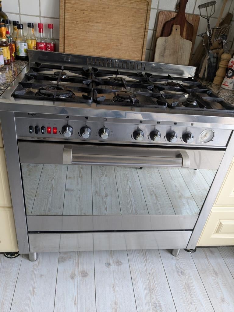 Pelgrim 6 pits gasfornuis en elektrische oven 90 cm, Ophalen, Gebruikt, 60 cm of meer, Gas