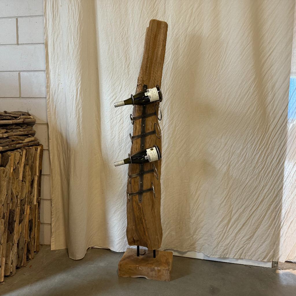 Wijnrek – teak / metaal – voor 6 flessen – TTM Wonen, Huis en Inrichting, Woonaccessoires | Wijnrekken, Nieuw, 75 cm of meer, Hout