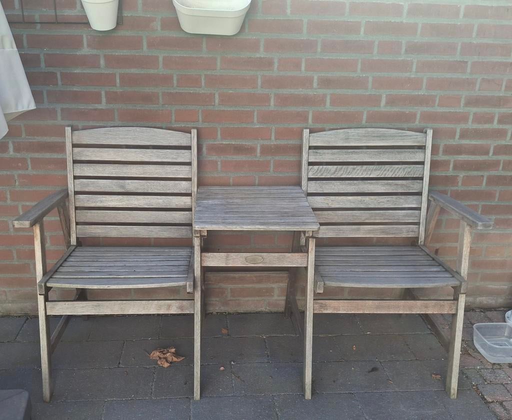 Duo zitbank met tafel - stabiel en geolied, Tuin en Terras, Ophalen, Gebruikt, Hout