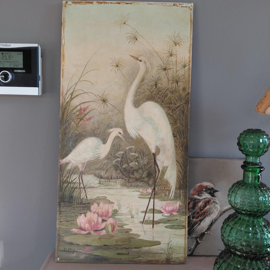 Vintage Schilderij Kraanvogels B30cm/H60cm Gesigneerd, Ophalen of Verzenden