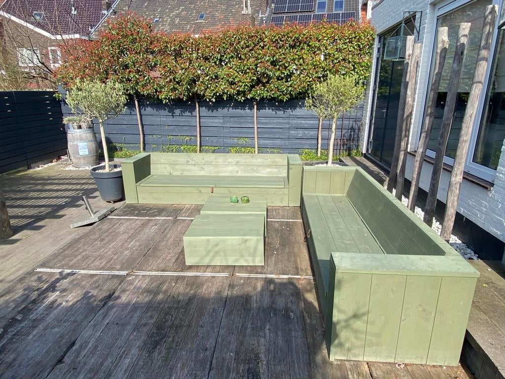 Robuuste steigerhout loungeset olijfgroen met opbergruimte, Ophalen, Gebruikt, Meer dan 8 zitplaatsen, Steigerhout
