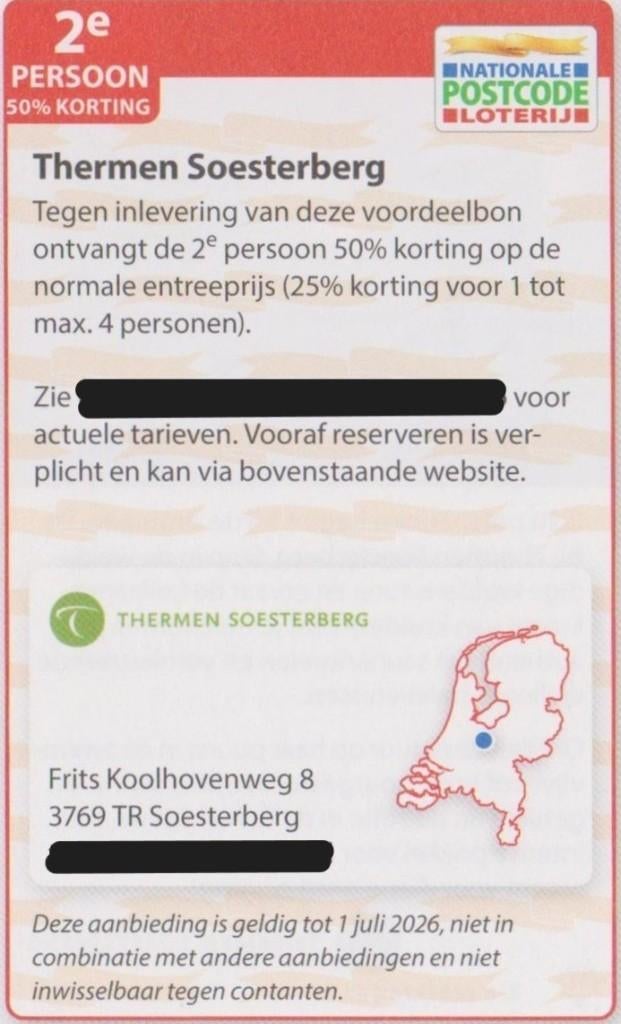 Thermen Soesterberg. 2e persoon 50% korting. Postcode bon., Twee personen, Kortingsbon, Spa of Sauna